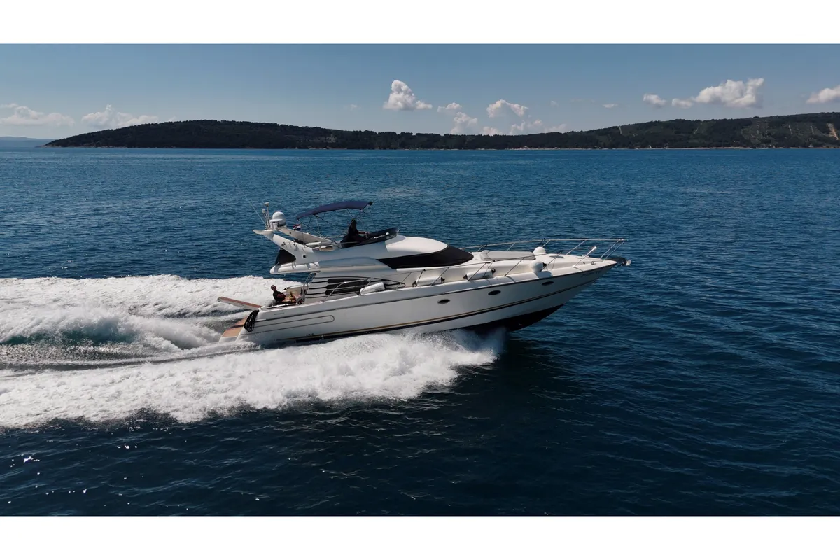Exterior view of Klara, a Sunseeker Manhattan 48 motorboat at Kaštela, Croatia