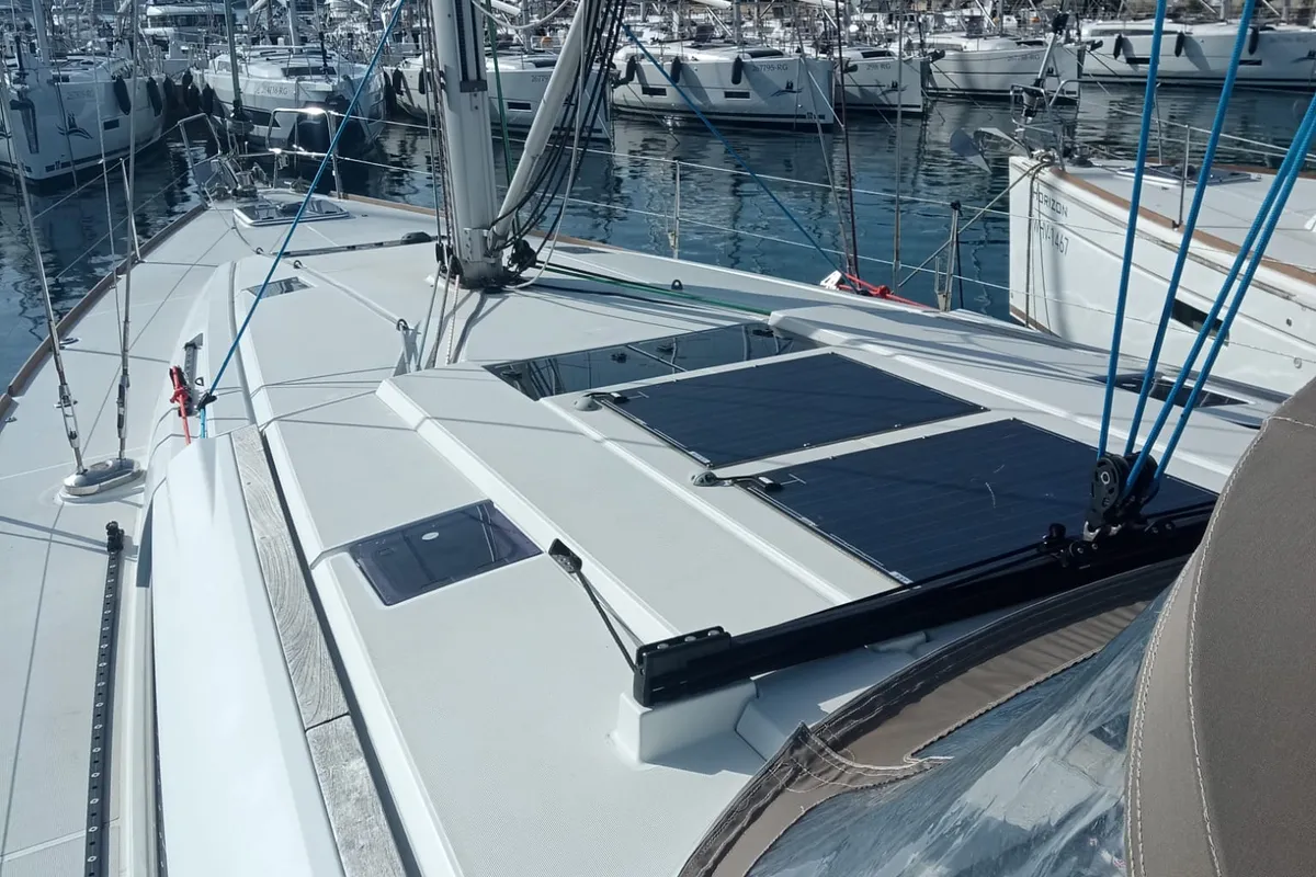 Deck of Elsa, a Jeanneau Sun Odyssey 519 sailboat at Rogoznica, Croatia