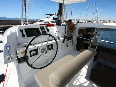 Cockpit of Tato, a Lagoon 42 catamaran at La Spezia, Italy