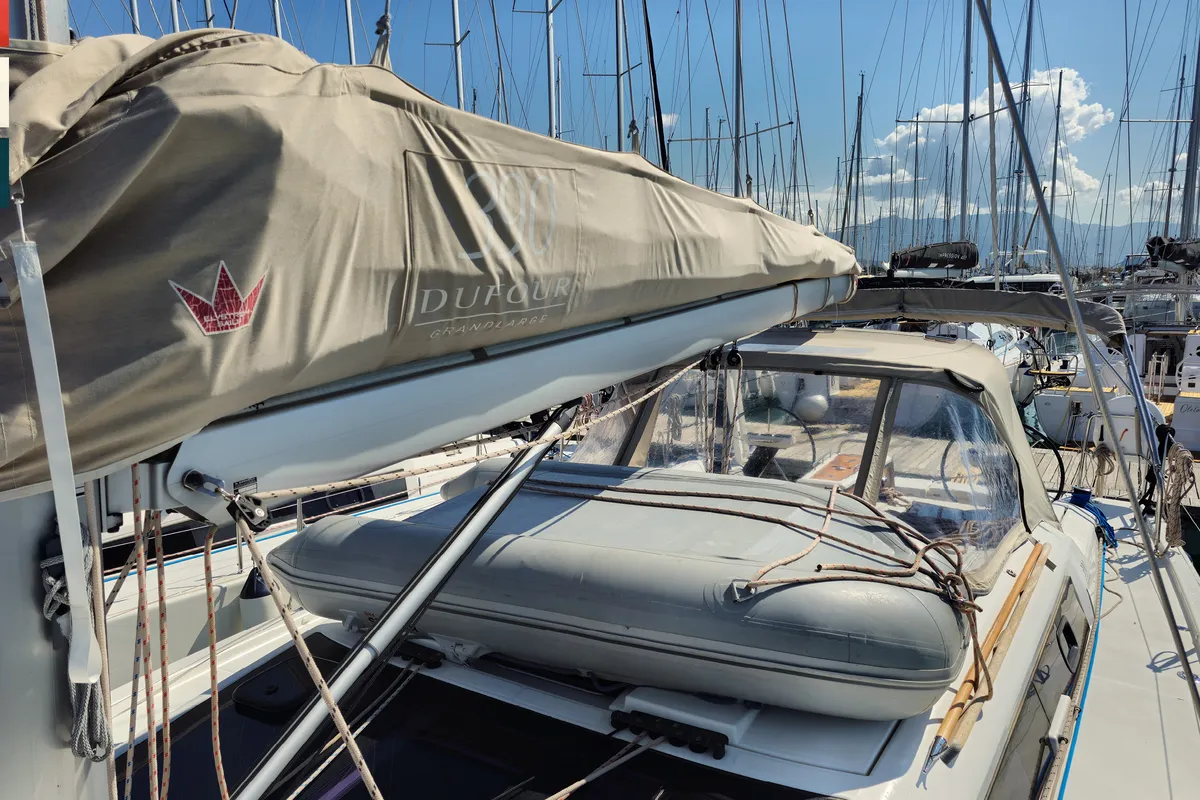 Deck of Sara, a Dufour 390 GL sailboat at Grad Kaštela, Croatia