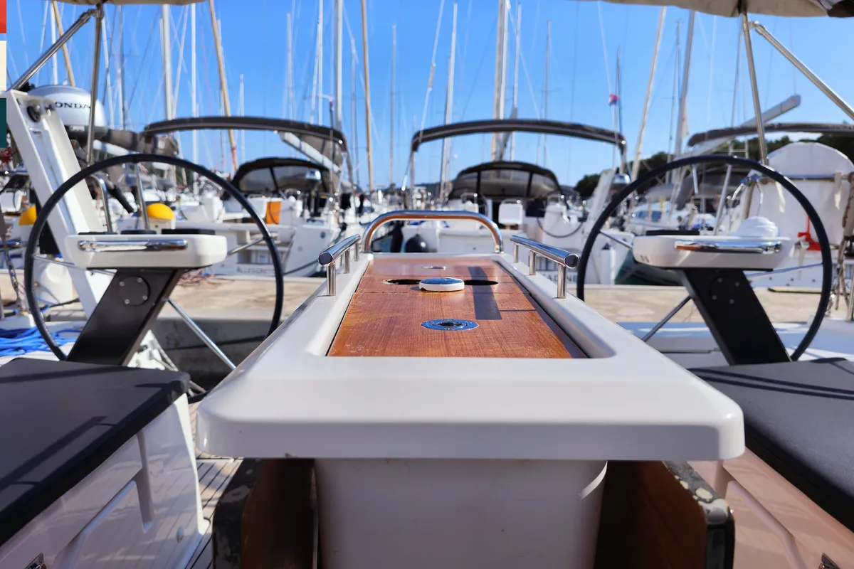 Cockpit of Sara, a Dufour 390 GL sailboat at Grad Kaštela, Croatia