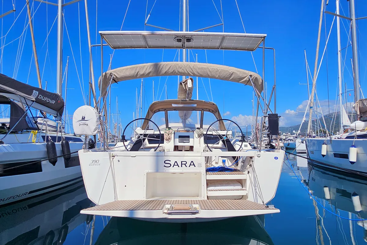 Exterior view of Sara, a Dufour 390 GL sailboat at Grad Kaštela, Croatia