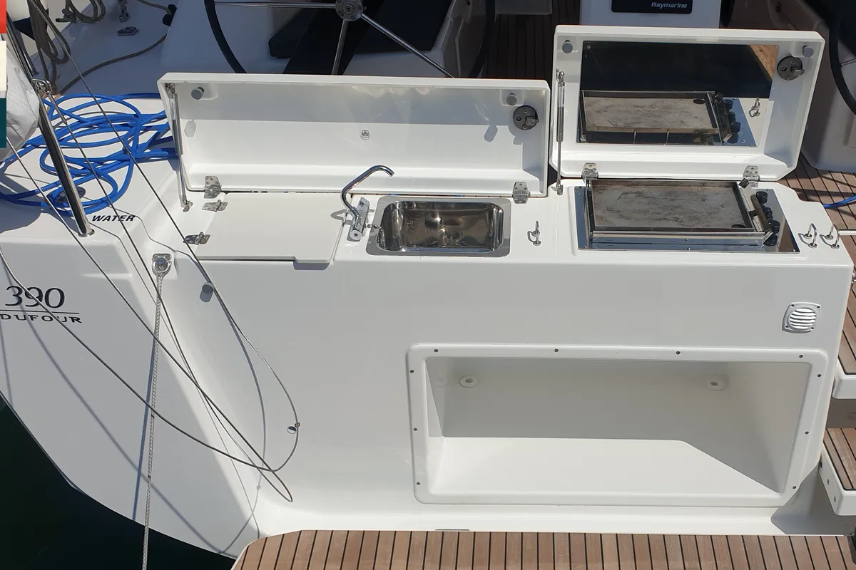 Deck of Sara, a Dufour 390 GL sailboat at Grad Kaštela, Croatia
