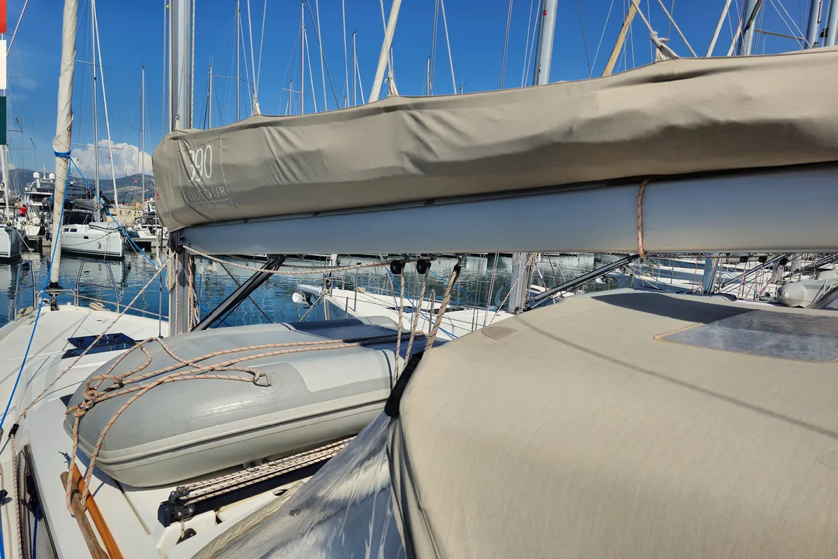 Deck of Sara, a Dufour 390 GL sailboat at Grad Kaštela, Croatia