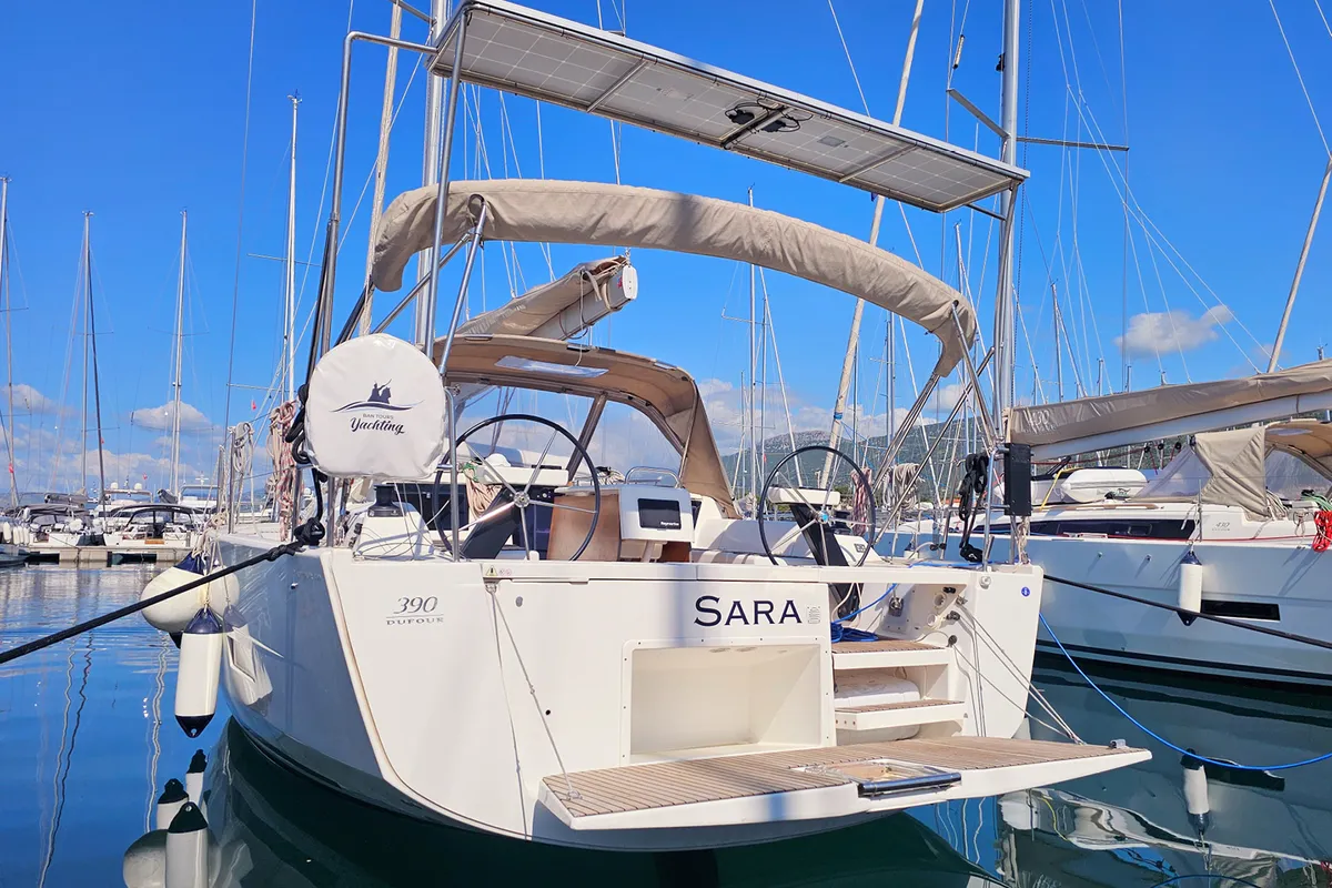 Exterior view of Sara, a Dufour 390 GL sailboat at Grad Kaštela, Croatia