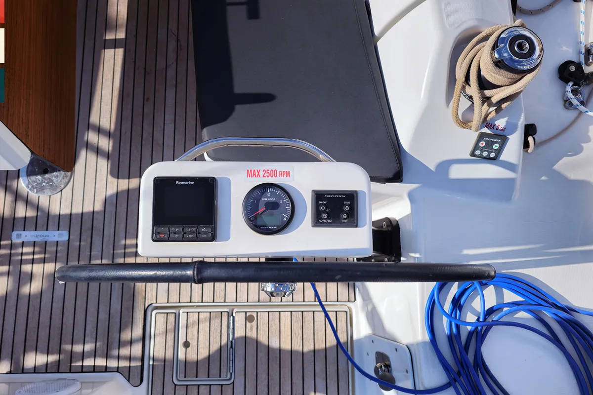 Cockpit of Sara, a Dufour 390 GL sailboat at Grad Kaštela, Croatia