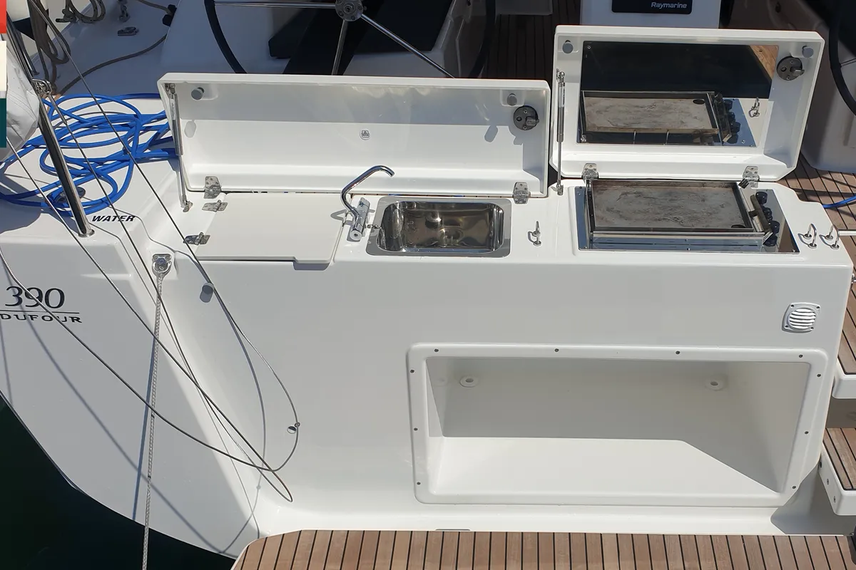 Deck of Sara, a Dufour 390 GL sailboat at Grad Kaštela, Croatia