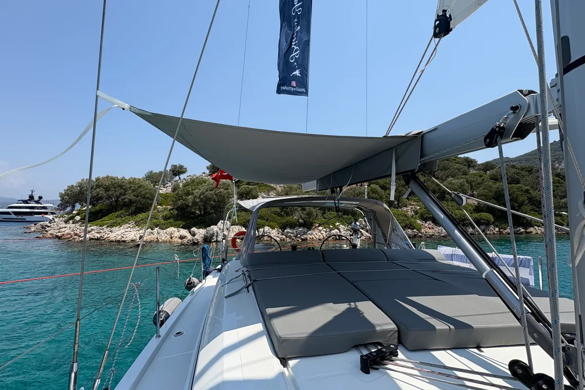 Exterior view of Bestsennyy, a Beneteau Oceanis 40.1 sailboat at Fethiye, Turkey
