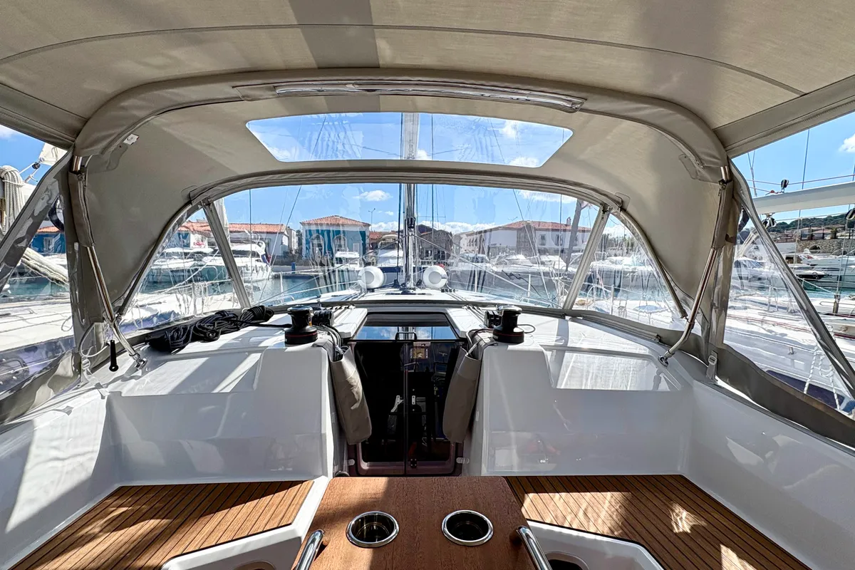 Cockpit of Bestsennyy, a Beneteau Oceanis 40.1 sailboat at Fethiye, Turkey
