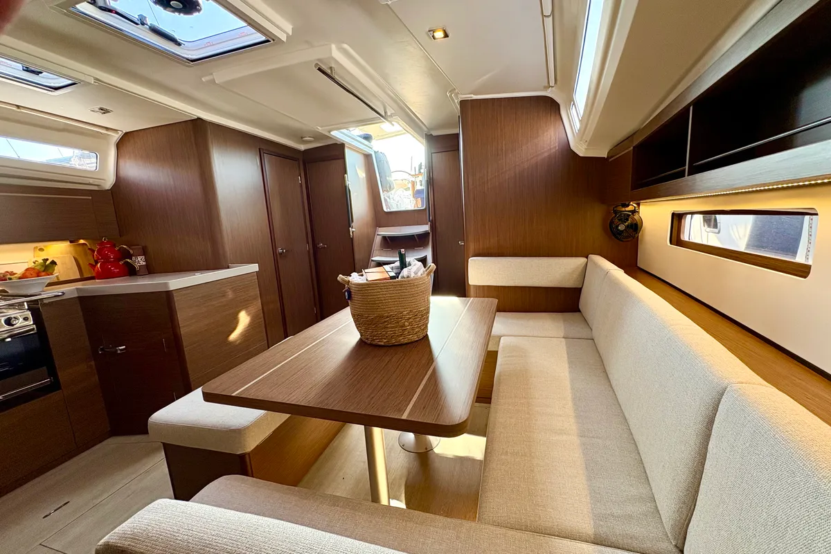 Salon of Bestsennyy, a Beneteau Oceanis 40.1 sailboat at Fethiye, Turkey