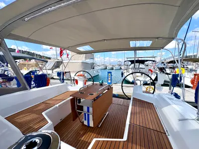 Deck of Bestsennyy, a Beneteau Oceanis 40.1 sailboat at Fethiye, Turkey