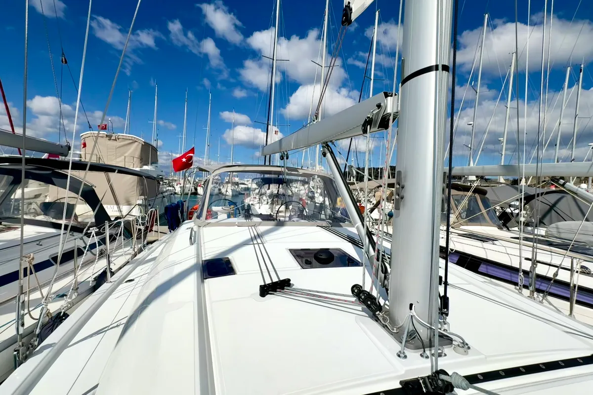 Exterior view of Bestsennyy, a Beneteau Oceanis 40.1 sailboat at Fethiye, Turkey