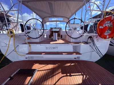 Cockpit of Bestsennyy, a Beneteau Oceanis 40.1 sailboat at Fethiye, Turkey