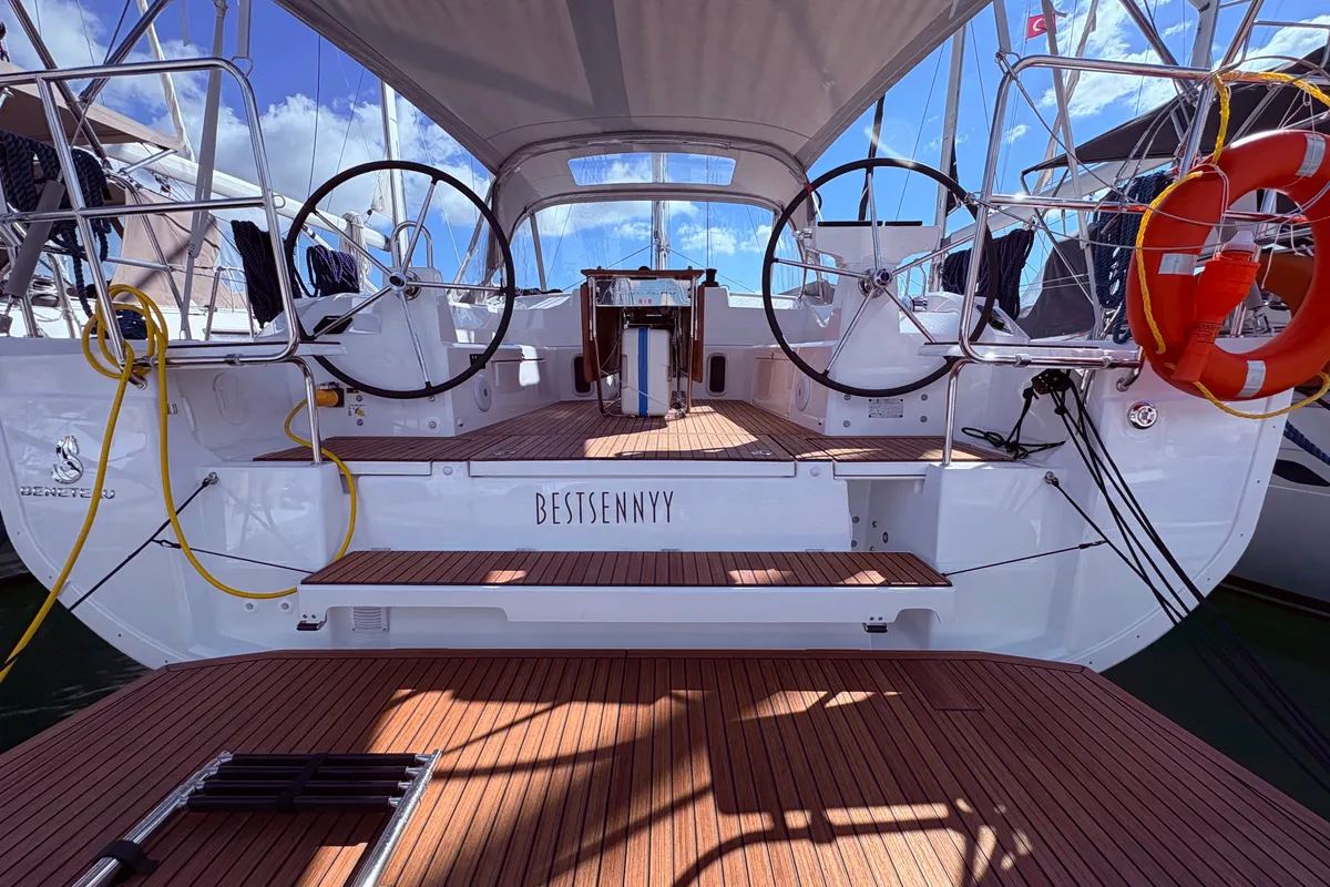 Cockpit of Bestsennyy, a Beneteau Oceanis 40.1 sailboat at Fethiye, Turkey