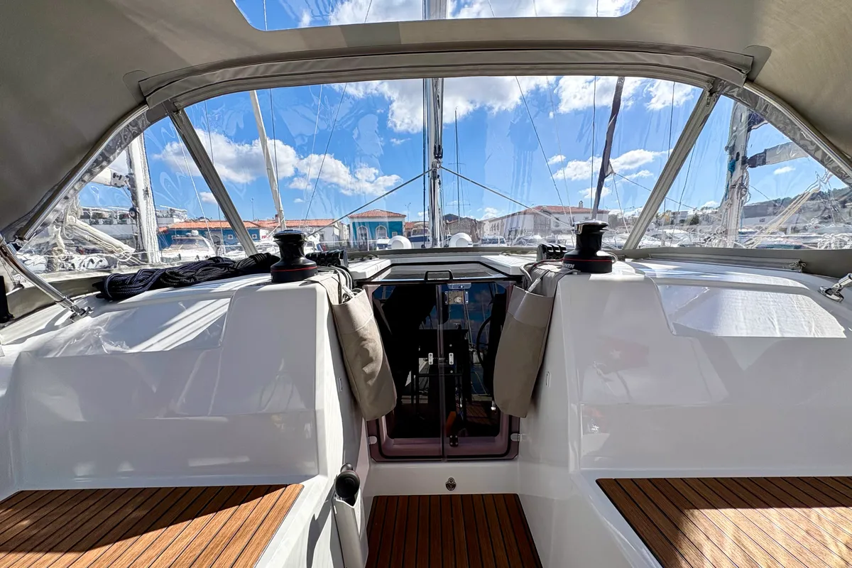 Deck of Bestsennyy, a Beneteau Oceanis 40.1 sailboat at Fethiye, Turkey