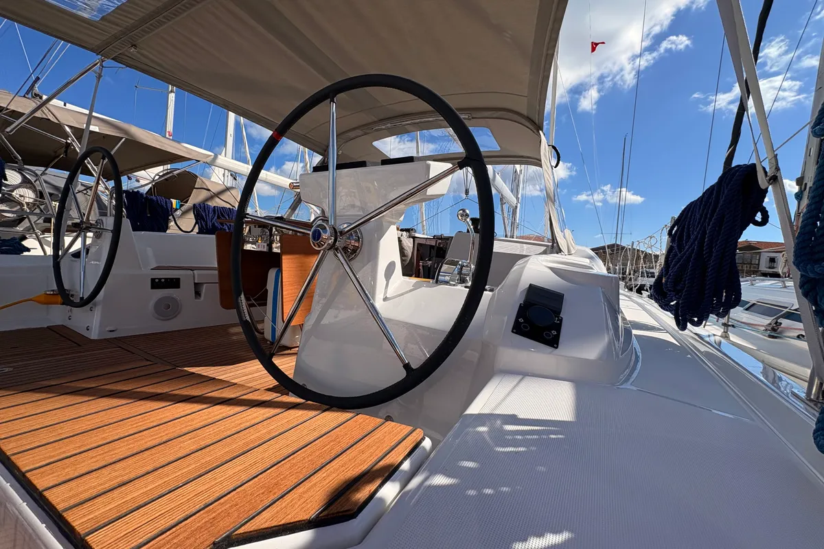 Cockpit of Bestsennyy, a Beneteau Oceanis 40.1 sailboat at Fethiye, Turkey