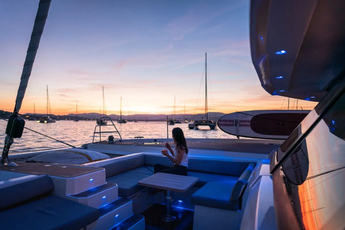 Deck of Isaé, a Fountaine Pajot Samana 59 catamaran at Cogolin, France