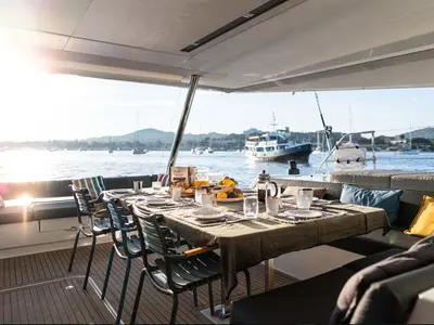 Deck of Isaé, a Fountaine Pajot Samana 59 catamaran at Cogolin, France