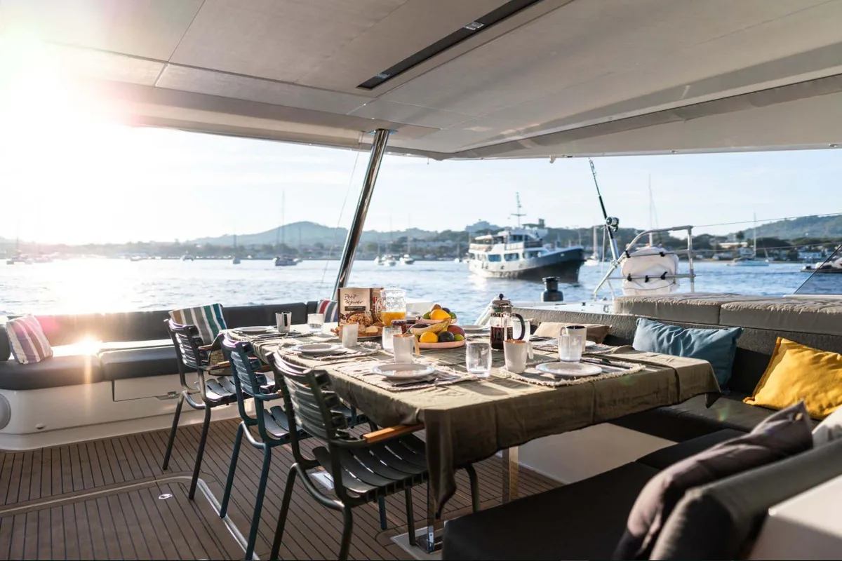 Deck of Isaé, a Fountaine Pajot Samana 59 catamaran at Cogolin, France