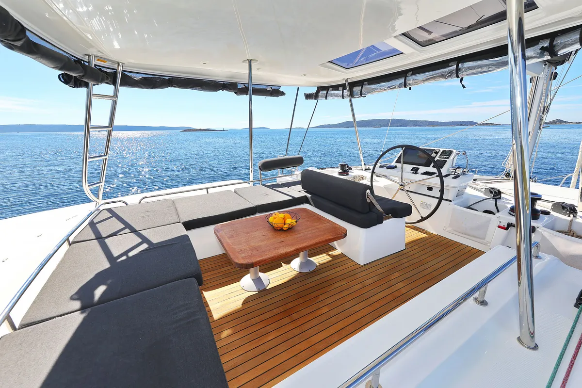 Deck of Maestro, a Lagoon 51 catamaran at Seget Donji, Croatia
