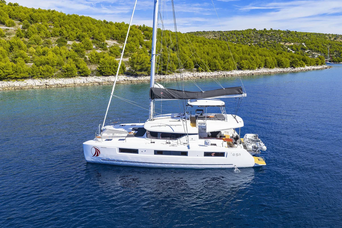 Exterior view of Maestro, a Lagoon 51 catamaran at Seget Donji, Croatia