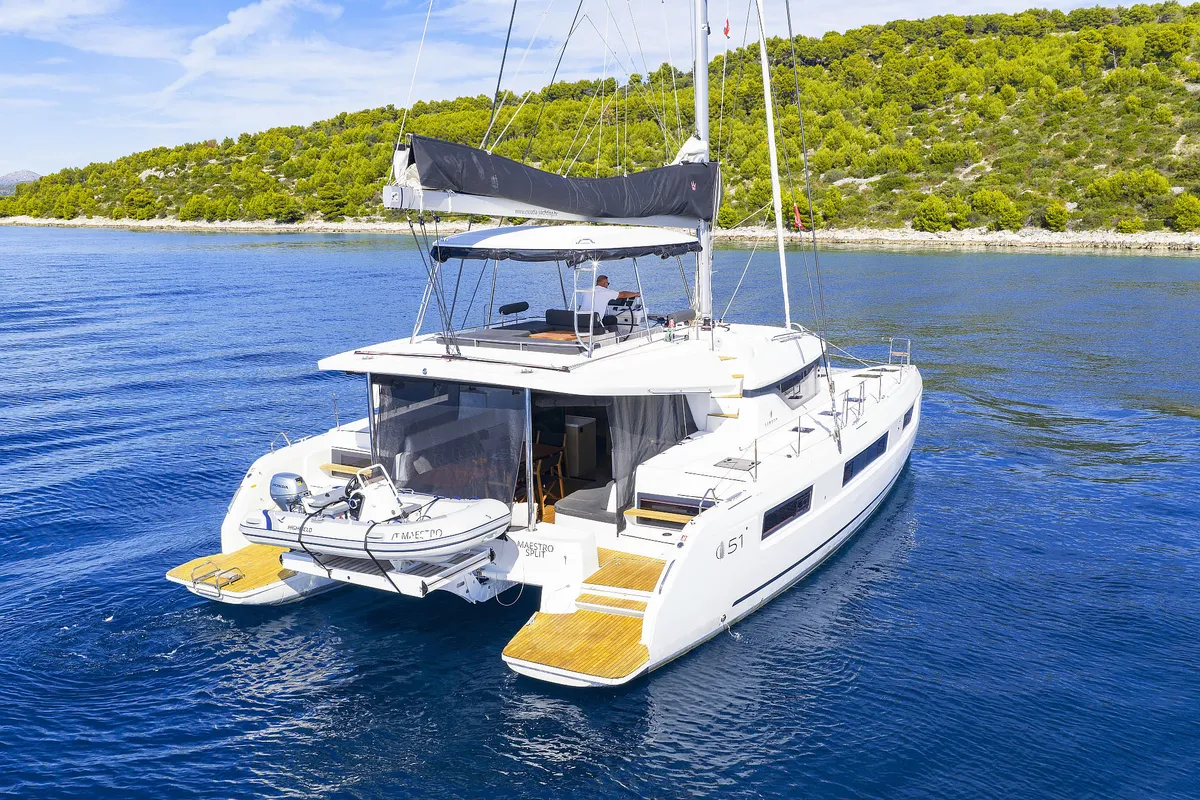 Exterior view of Maestro, a Lagoon 51 catamaran at Seget Donji, Croatia