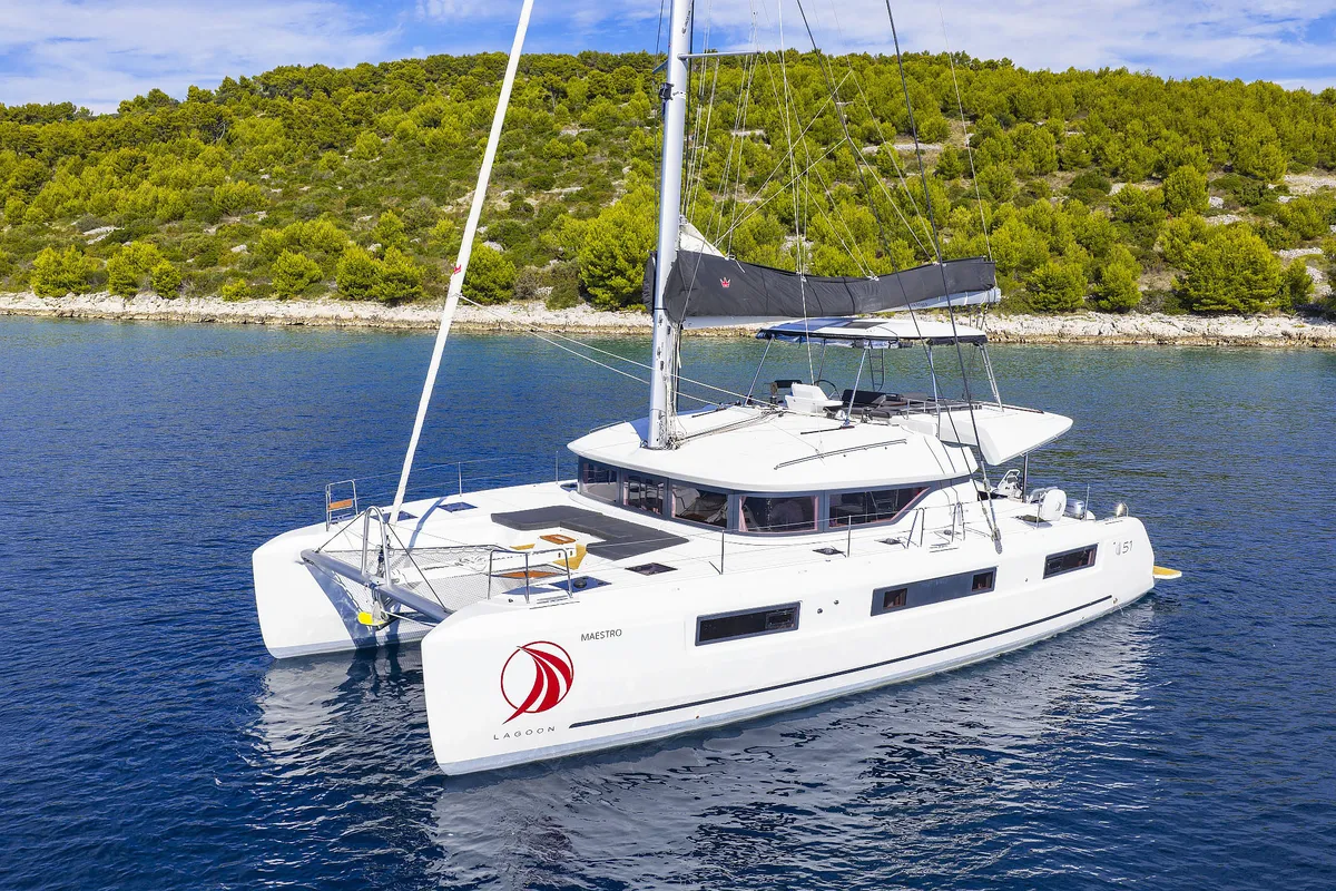 Exterior view of Maestro, a Lagoon 51 catamaran at Seget Donji, Croatia