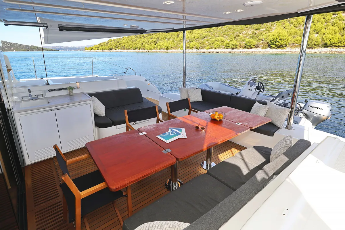 Deck of Maestro, a Lagoon 51 catamaran at Seget Donji, Croatia