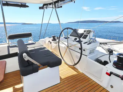 Cockpit of Maestro, a Lagoon 51 catamaran at Seget Donji, Croatia