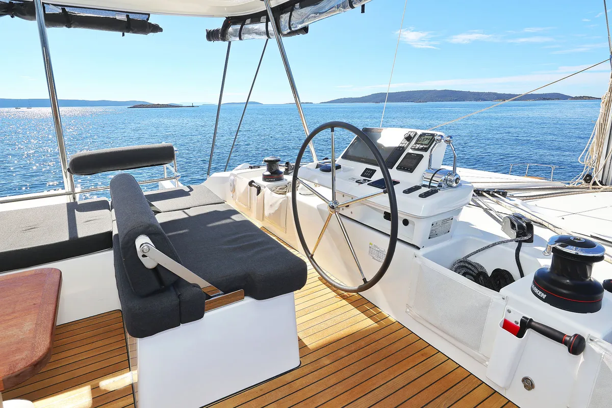Cockpit of Maestro, a Lagoon 51 catamaran at Seget Donji, Croatia