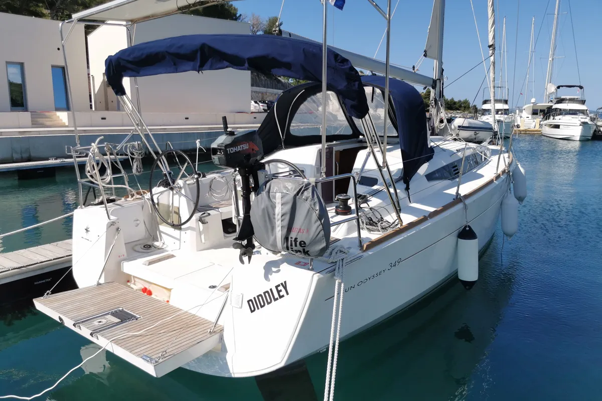 Exterior view of Diddley, a Jeanneau Sun Odyssey 349 sailboat at Općina Pakoštane, Croatia