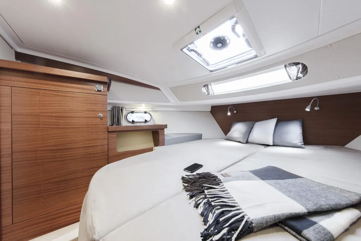 Cabin on Fourlux, a Nimbus 365 Coupe motorboat at Općina Sukošan, Croatia