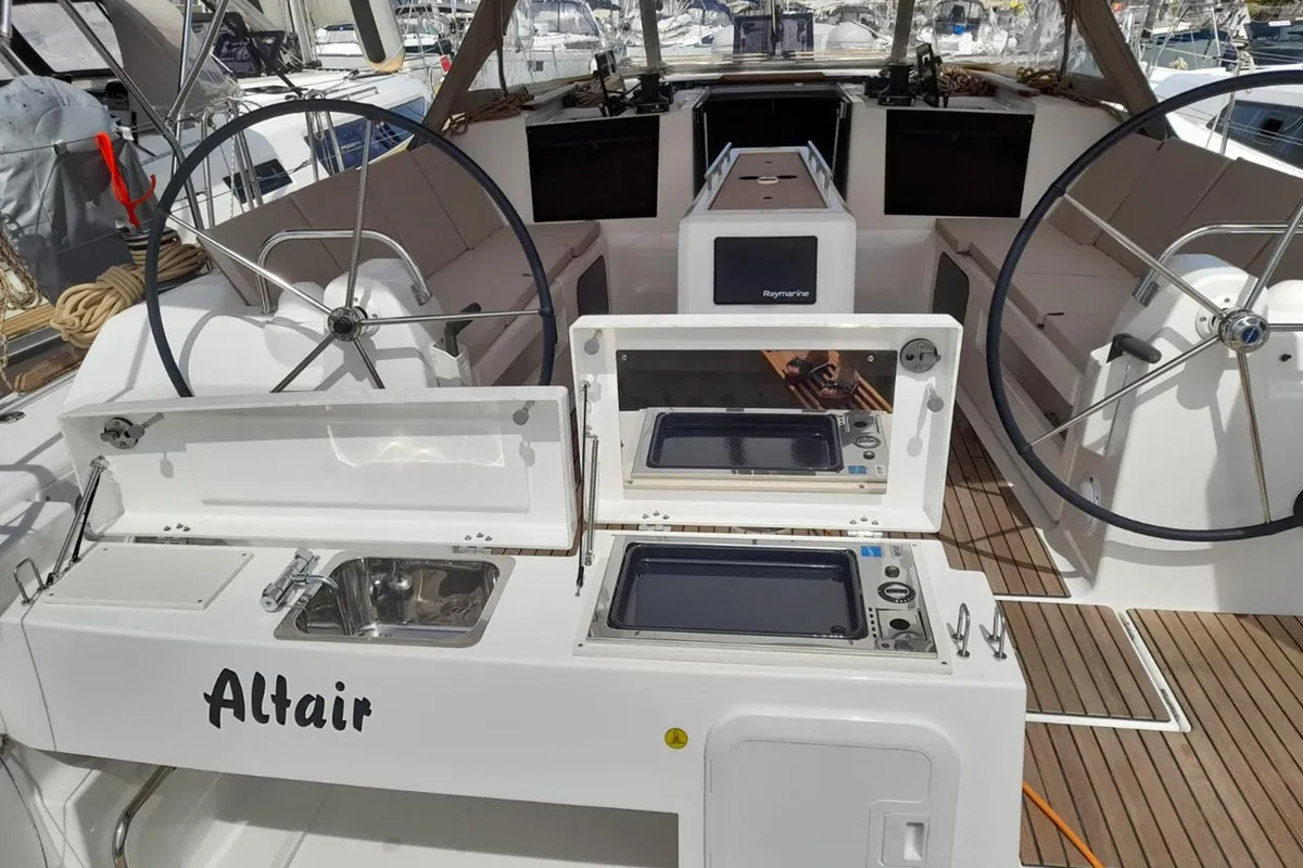 Cockpit of Altair, a Dufour 412 sailboat at Murter, Croatia