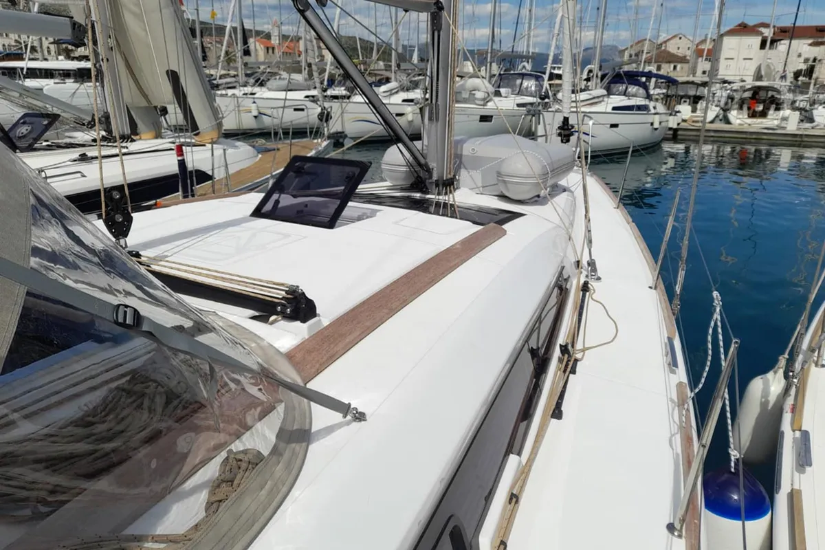Deck of Altair, a Dufour 412 sailboat at Murter, Croatia