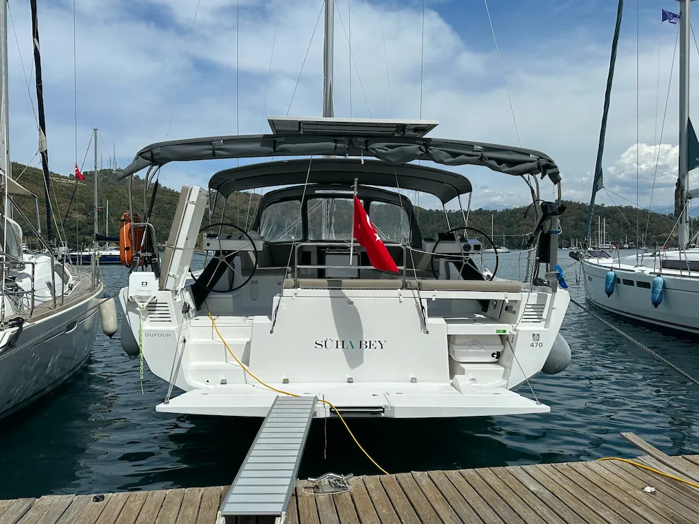 Exterior view of Suha Bey, a Dufour 470 sailboat at Fethiye, Turkey