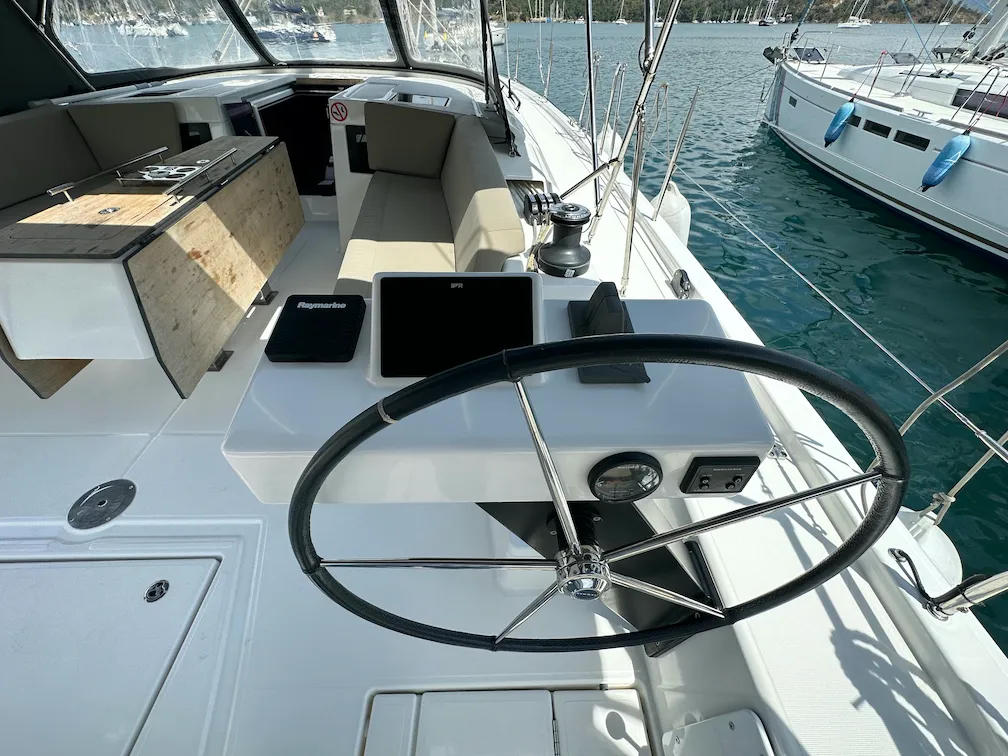 Cockpit of Suha Bey, a Dufour 470 sailboat at Fethiye, Turkey