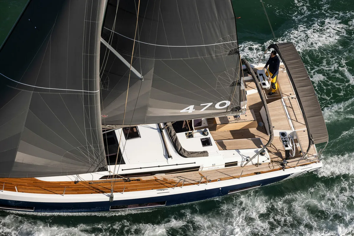 Exterior view of Suha Bey, a Dufour 470 sailboat at Fethiye, Turkey
