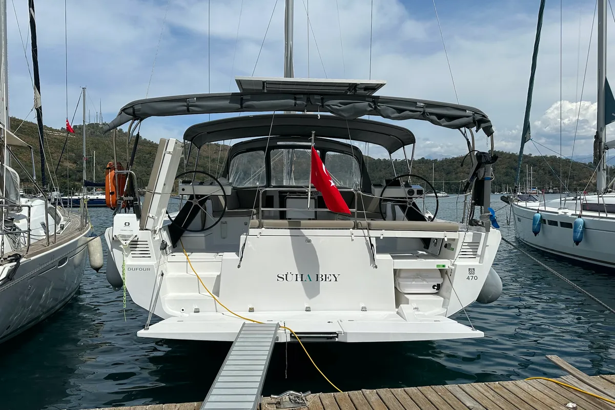 Exterior view of Suha Bey, a Dufour 470 sailboat at Fethiye, Turkey