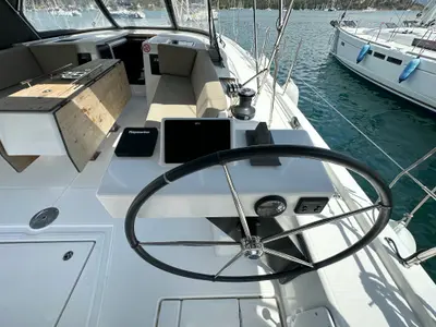 Cockpit of Suha Bey, a Dufour 470 sailboat at Fethiye, Turkey