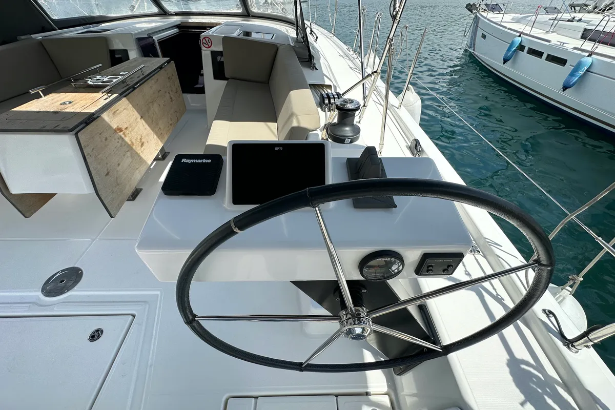 Cockpit of Suha Bey, a Dufour 470 sailboat at Fethiye, Turkey