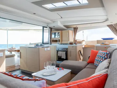 Salon of My Summer, a Fountaine Pajot New 44 catamaran at Taranto, Italy
