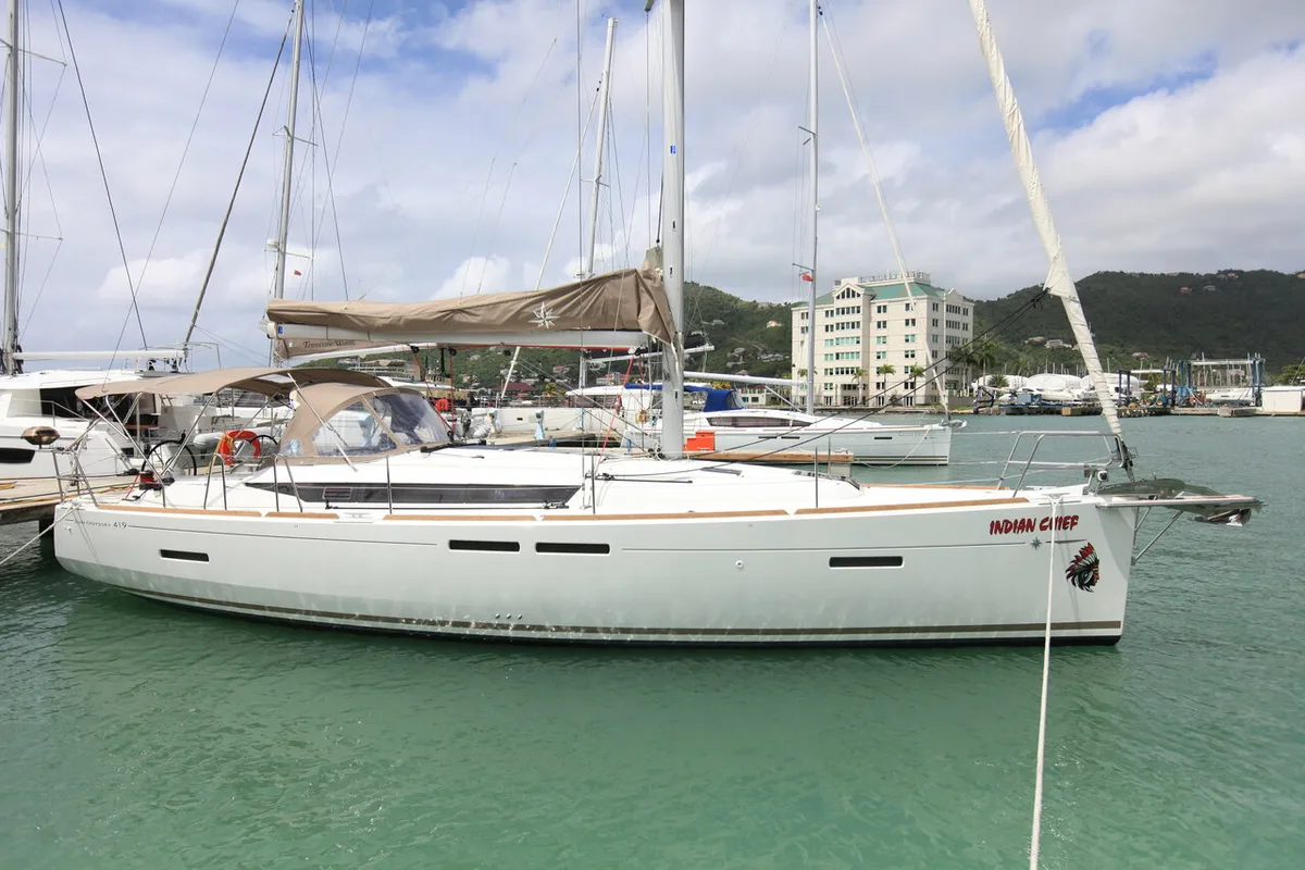 Exterior view of Indian Chief, a Jeanneau Sun Odyssey 419 sailboat at Road Town, British Virgin Islands