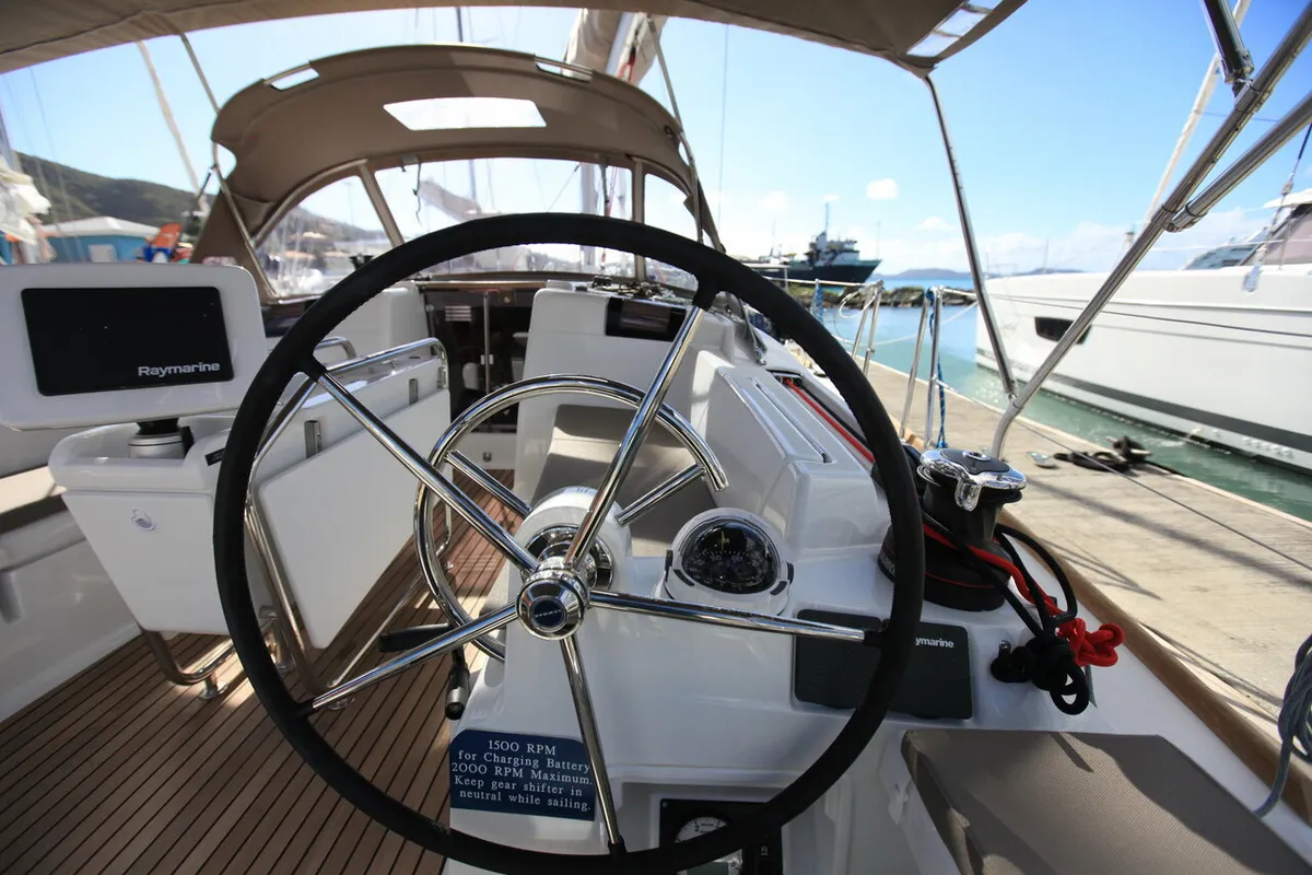 Cockpit of Indian Chief, a Jeanneau Sun Odyssey 419 sailboat at Road Town, British Virgin Islands