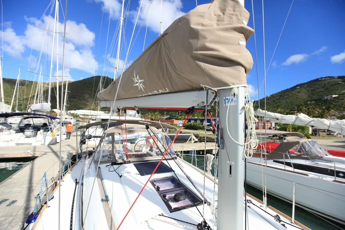 Deck of Indian Chief, a Jeanneau Sun Odyssey 419 sailboat at Road Town, British Virgin Islands