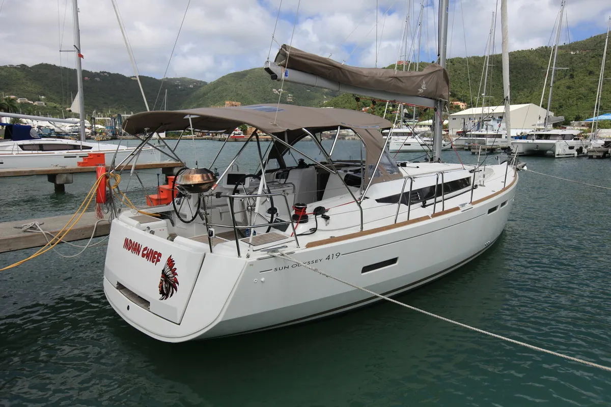 Exterior view of Indian Chief, a Jeanneau Sun Odyssey 419 sailboat at Road Town, British Virgin Islands