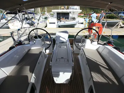Cockpit of Indian Chief, a Jeanneau Sun Odyssey 419 sailboat at Road Town, British Virgin Islands