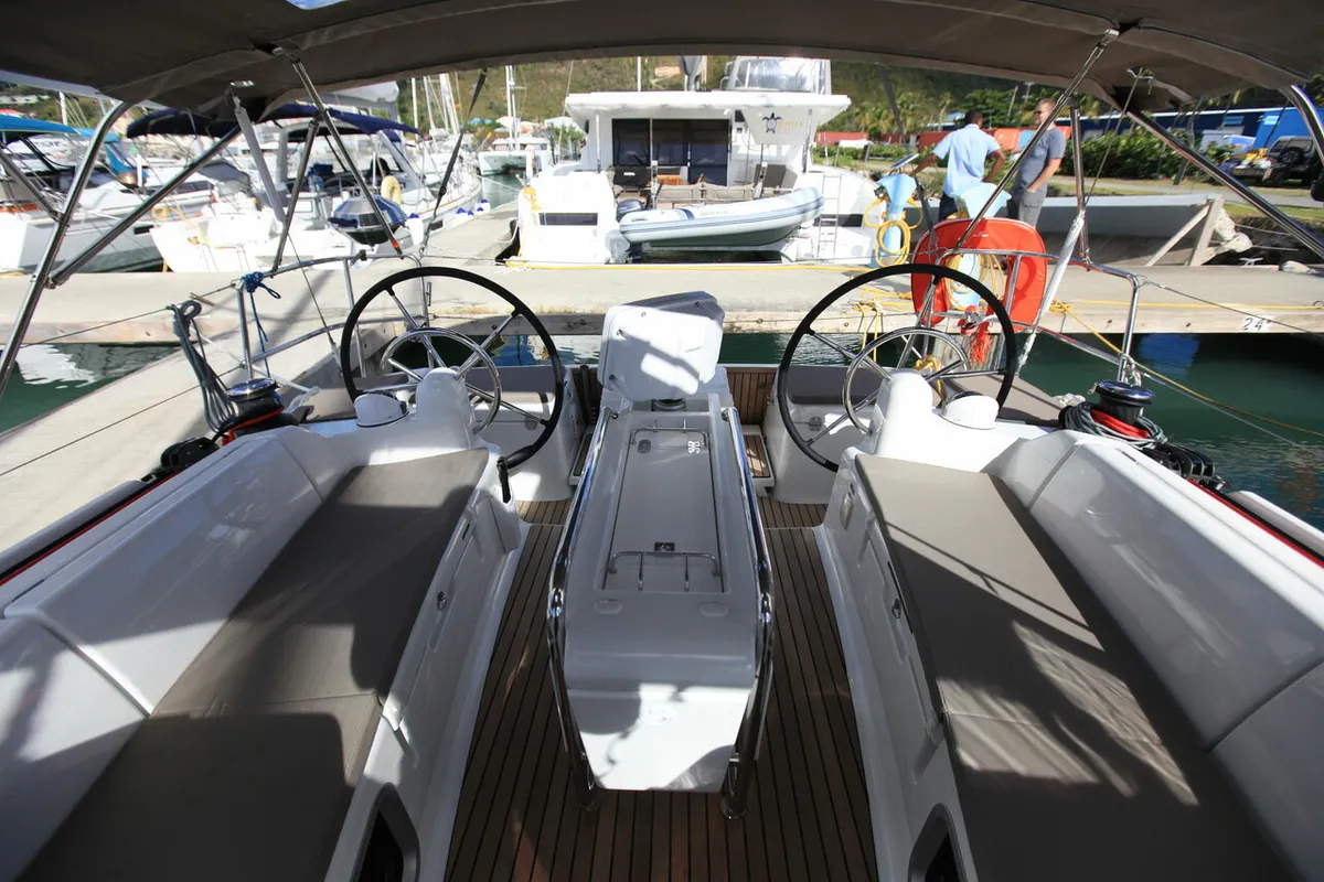 Cockpit of Indian Chief, a Jeanneau Sun Odyssey 419 sailboat at Road Town, British Virgin Islands