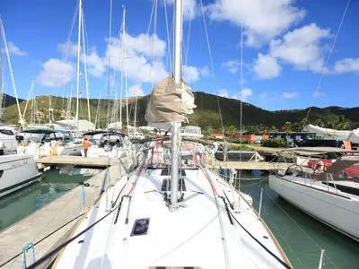 Deck of Indian Chief, a Jeanneau Sun Odyssey 419 sailboat at Road Town, British Virgin Islands