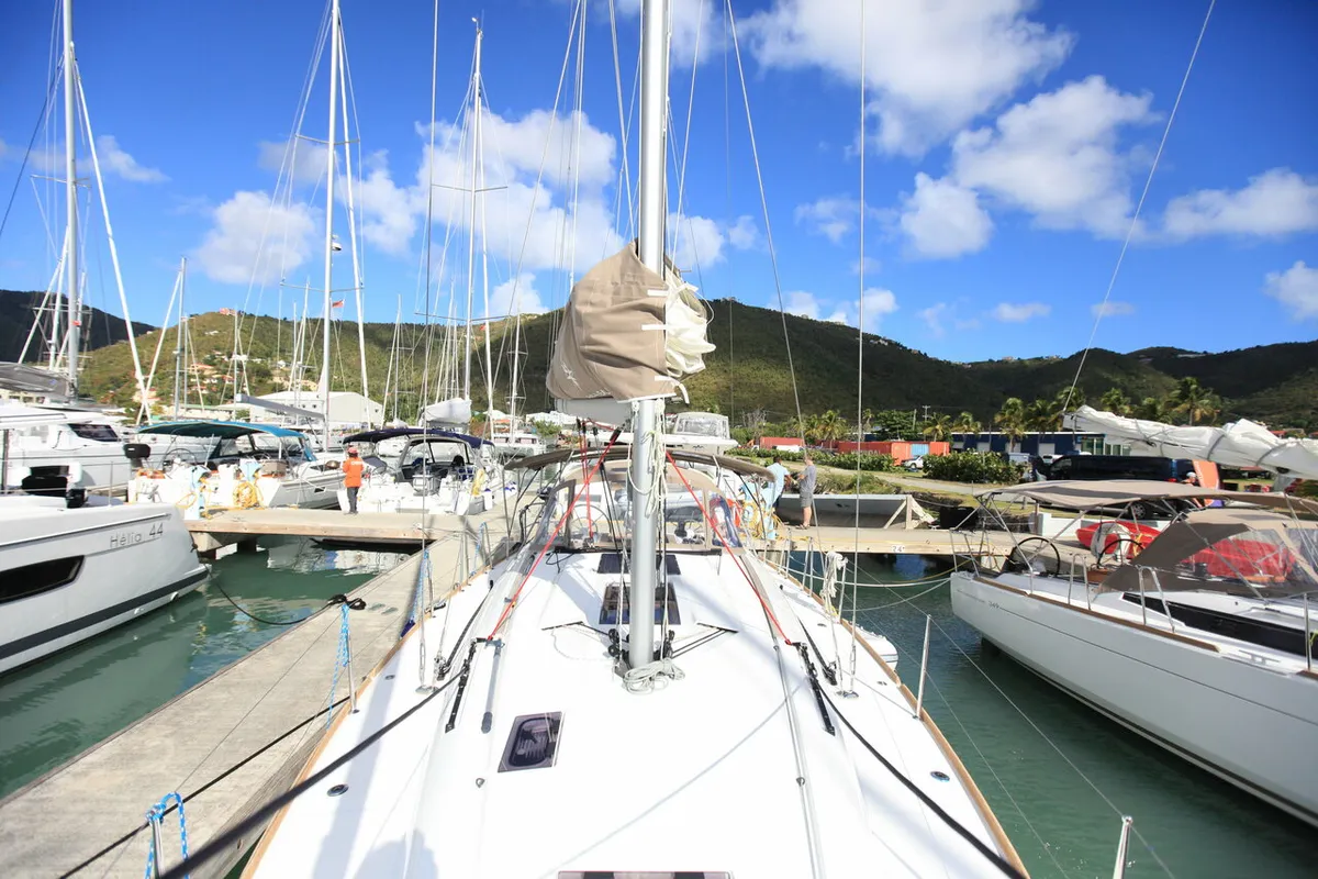 Deck of Indian Chief, a Jeanneau Sun Odyssey 419 sailboat at Road Town, British Virgin Islands