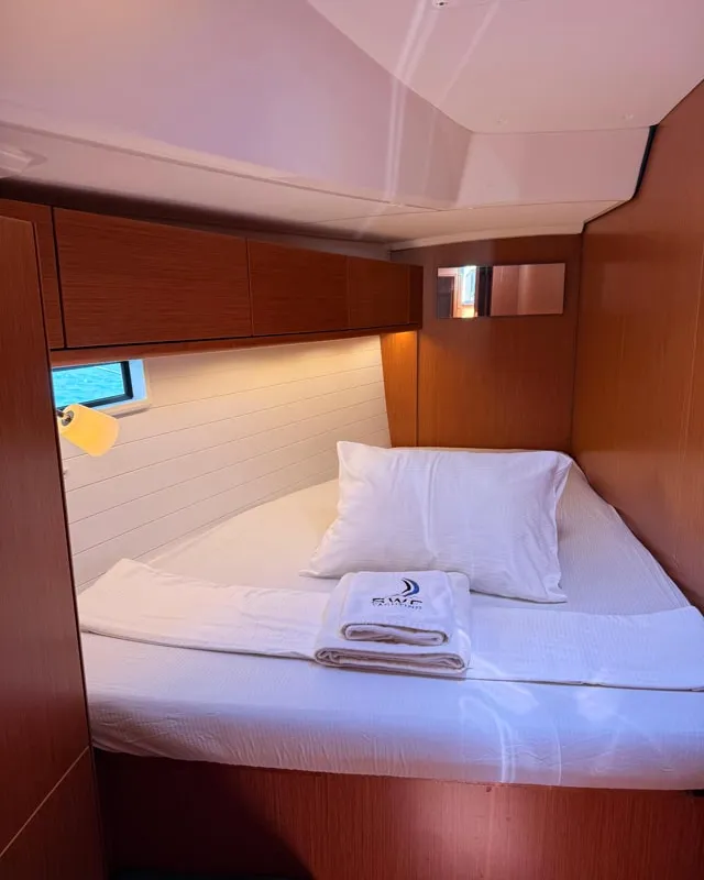 Cabin on Felicitas, a Bavaria Cruiser 46 sailboat at Fethiye, Turkey